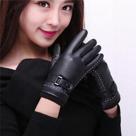 Women's Pu Leather Gloves Fashion Brand Real Sheepskin Touch Screen Gloves Button Winter Warm Mittens Kp015