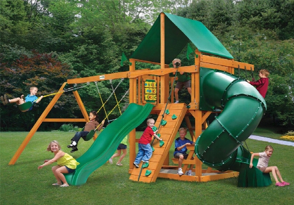 Mountaineer Deluxe Ap Wooden Swing Set - Green Vinyl Canopy