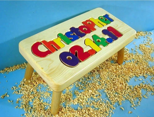 Personalized Name And Birthday Stool 9-12 Letters - Natural