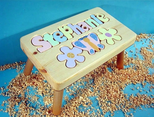 Personalized Name Puzzle Stool Flowers 9-12 Letters -natural