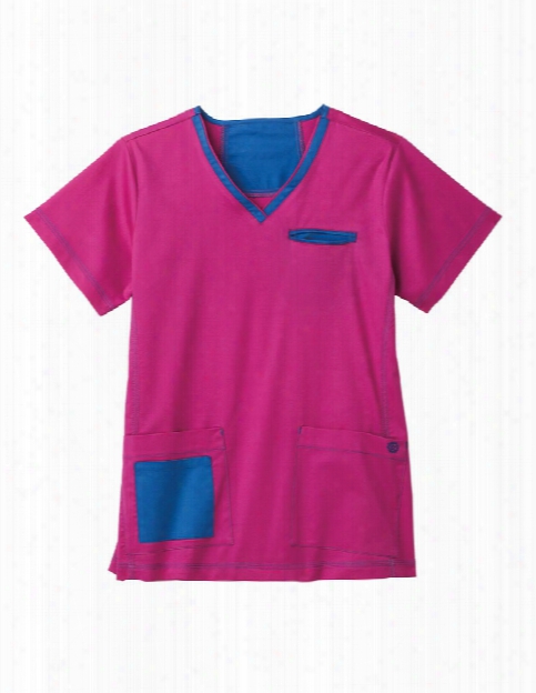 Bio Stretch Contrast V-neck Scrub Tops - Azalea - Female - Women's Scrubs