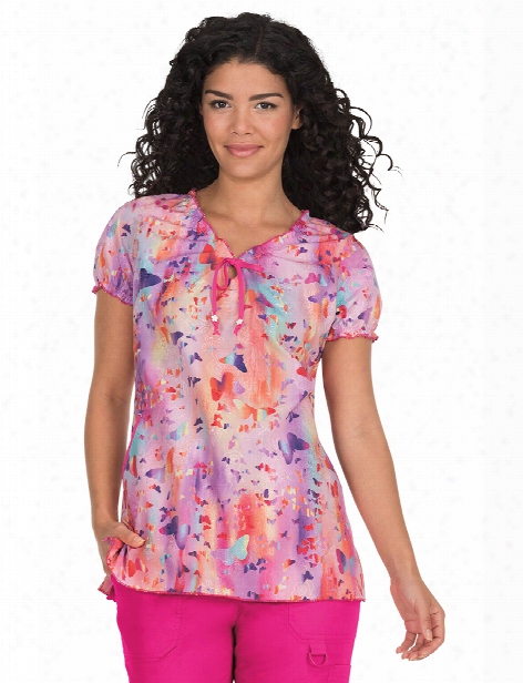 Koi Butterfly Ombre Embroidered Bridegtte Scrub Top - Print - Female - Women's Scrubs