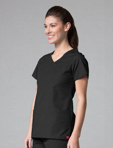 Maevn Red Panda Curved Mock Wrap Scrub Top - Black - Female - Women's Scrubs