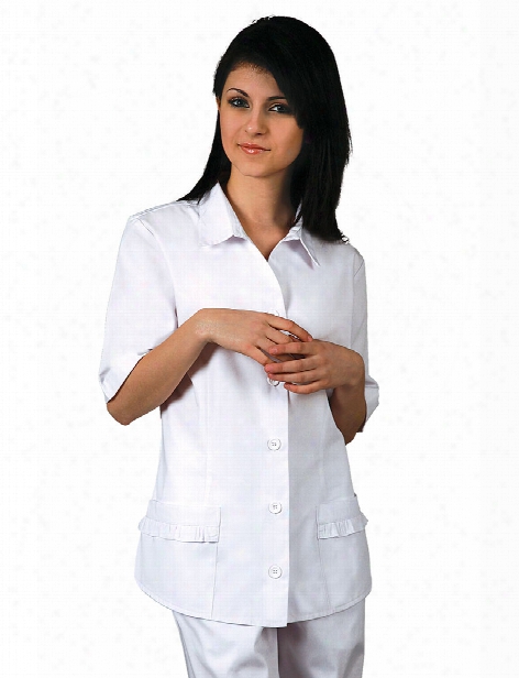 Adar Button Front Ruffle Pocket Scrub Top - White - Female - Women's Scrubs