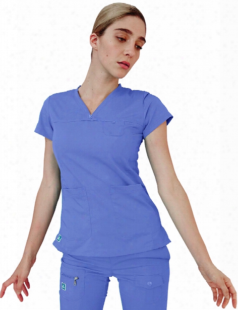 Adar Indulgence Jr. Fit Curved V-neck Scrub Tops - Ceil Blue - Female - Women's Scrubs
