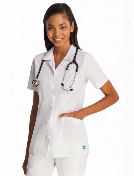 Adar Lapel Buttoned Short Sleeve Lab Scrub Top - White - Female - Women's Scrubs
