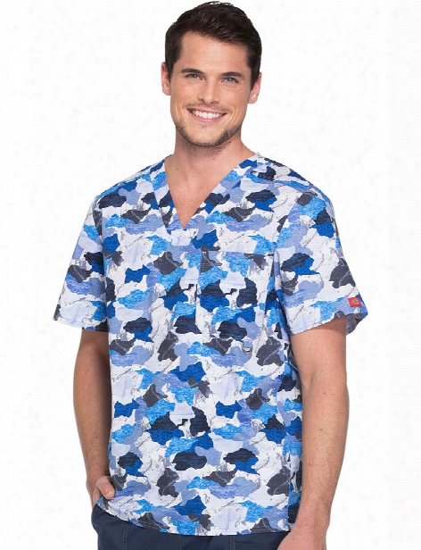 Dickies Genflex Set In Stone Scrub Top - Print - Male - Men's Scrubs