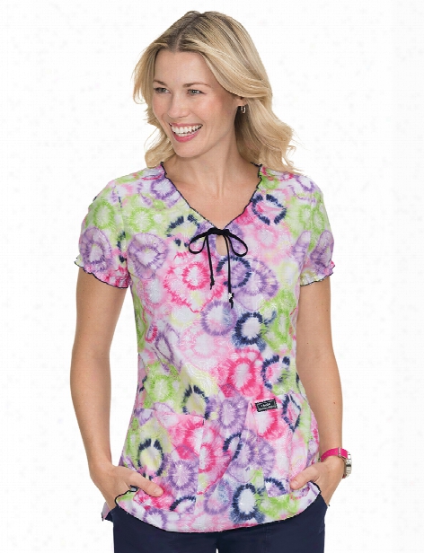 Koi Fireworks Tie Dye Embroidered Delaney Scrub Top - Print - Female - Women's Scrubs