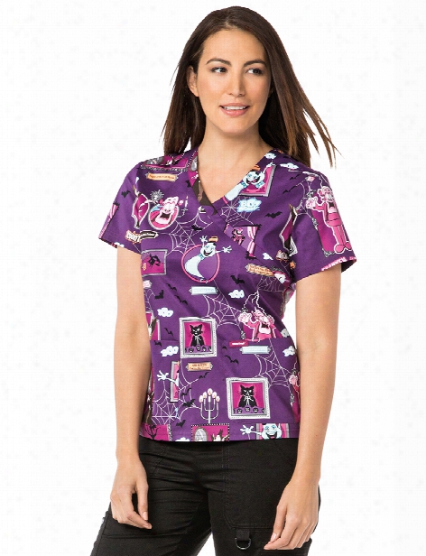 Koi Stretch Kristen Halloween Portraits Scrub Top - Print - Female - Women's Scrubs