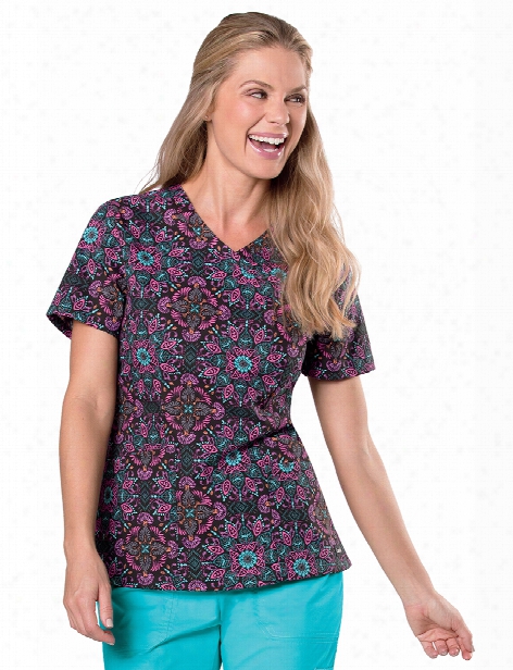 Landau Stitch In Time Mock Wrap Scrub Top - Print - Female - Women's Scrubs