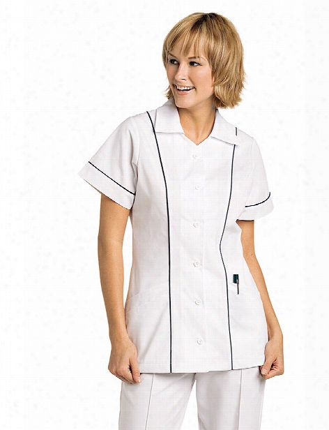 Landau Student Button Front Tunic - White-navy - Female - Women's Scrubs