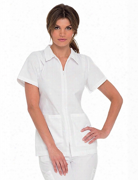 Landau Student Zip Front Tunic - White - Female - Women's Scrubs