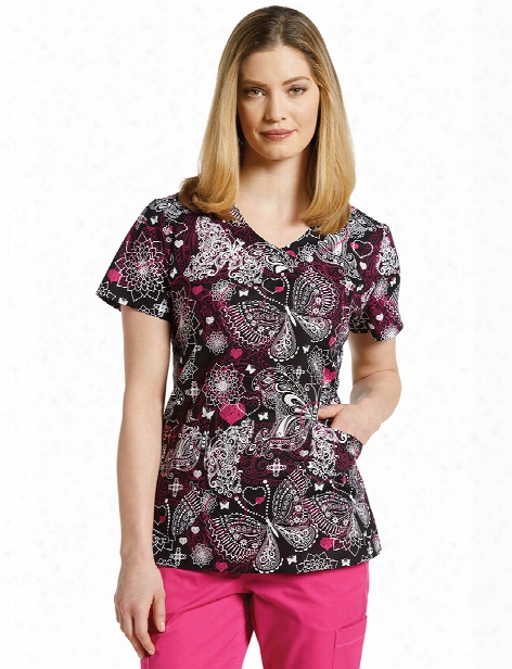 White Cross Butterfly Applique Print Top - Print - Female - Women's Scrubs