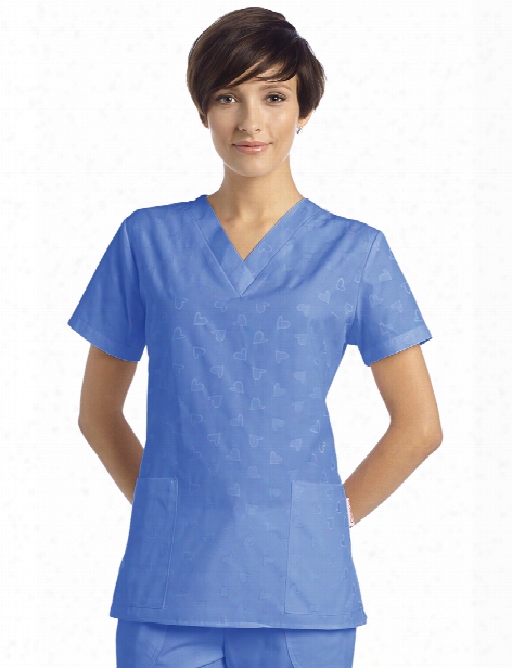 White Cross Dobby Hearts Scrub Top - Ceil Blue - Female - Women's Scrubs