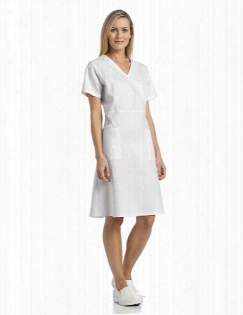 White Cross Pleated Mock Wrap Scrub Dress - White - Female - Women's Scrubs