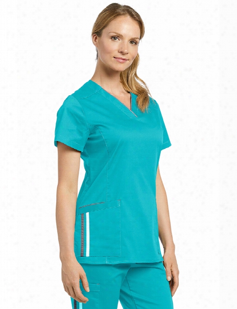 White Cross Retro Sport V-neck Scrub Top - Blue Curacao-slate - Female - Women's Scrubs