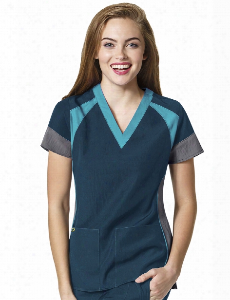 Wonderwink Four-stretch Color Block V-neck Scrub Top - Caribbean-pewter-real Teal - Female - Women's Scrubs