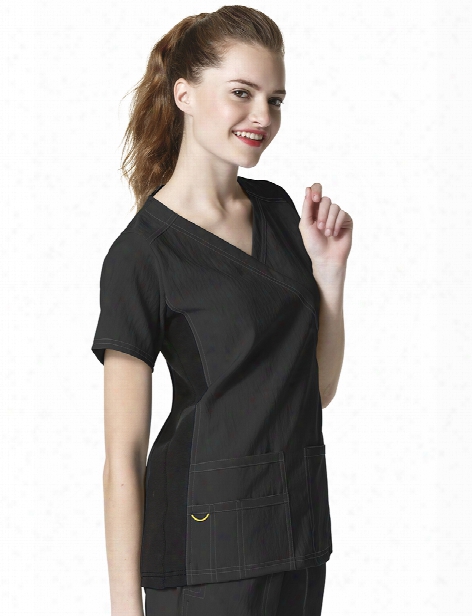 Wonderwink Four-stretch Mock Wrap Knit Panel Scrub Top - Black - Female - Women's Scrubs