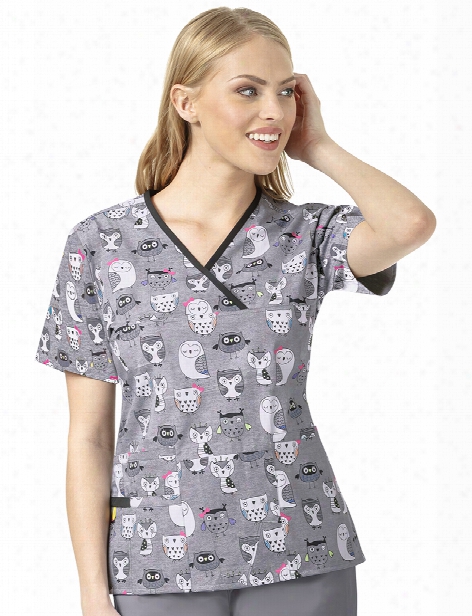 Wonderwink Origins Our Friends Mock Wrap Scrub Top - Print - Female - Women's Scrubs