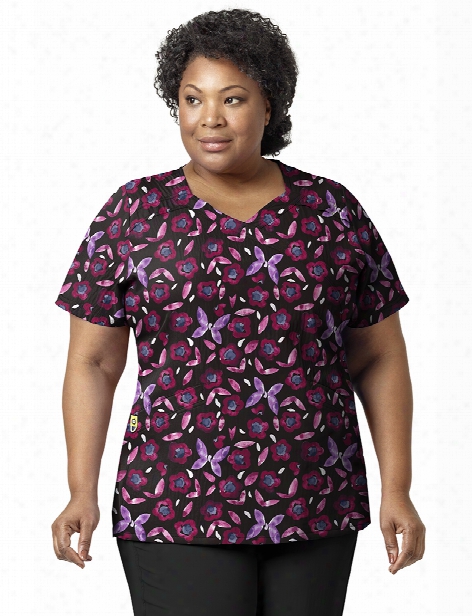 Wonderwink Plus Mariposa Mock Wrap Scrub Top - Print - Female - Women's Scrubs