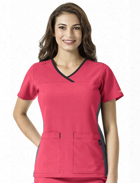 Carhartt Cross-flex Knit Panel Y-neck Scrub Top - Azalea-black-pewter - Female - Women's Scrubs