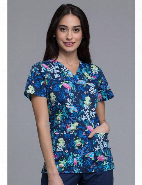 Cherokee Aqua Party Scrub Top - Print - Female - Women's Scrubs