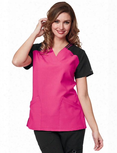 Dickies Xtreme Stretch Contrast Sleeve V-neck Scrub Top - Hot Pink-black - Female - Women's Scrubs