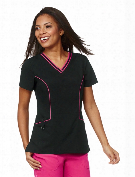 Dickies Xtreme Stretch V-neck Piping Scrub Top - Black-hotpink - Female - Women's Scrubs