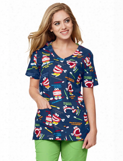 Mad About Mouths Chatter Box Navy 2 Pocket Scrub Top - Print - Female - Women's Scrubs