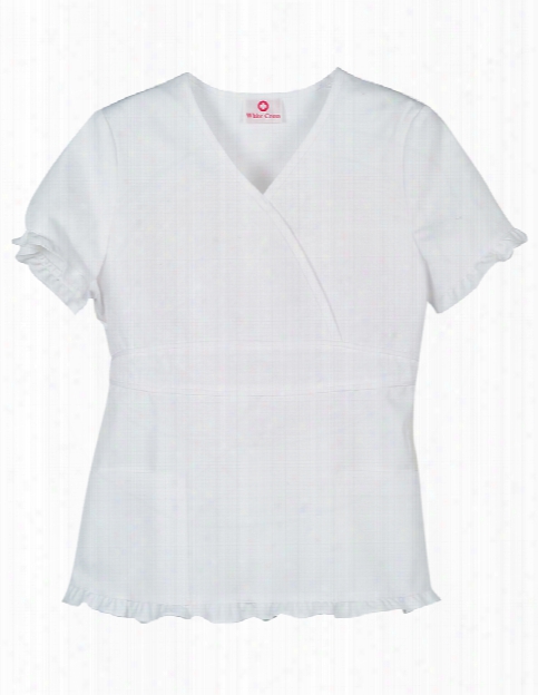 White Cross Mock Wrap Ruffle Scrub Top - White - Female - Women's Scrubs