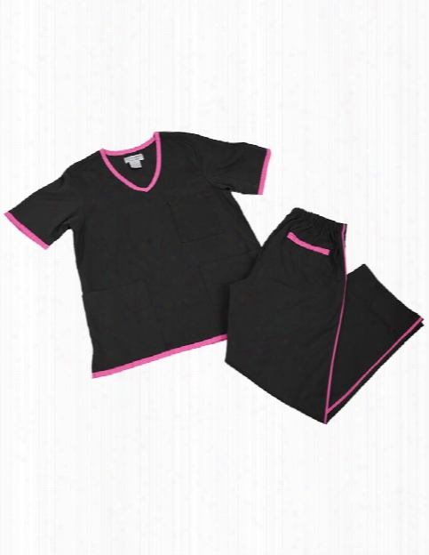 Natural Uniforms Contrast Trim Scrub Set - Blakc-hot Pink - Female - Women's Scrubs