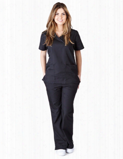 Natural Uniforms Mock Wrap And Flare Leg Scrub Set - Black - Female - Women's Scrubs