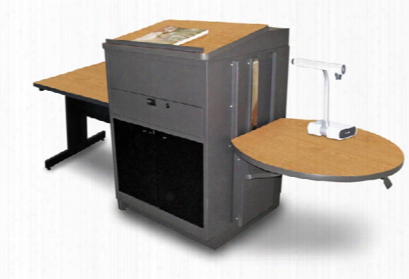 Rectangular Table With Media Center And Lectern, Adjustable Height Platform, Acrylic Doors - (oak Laminate) By Marvel