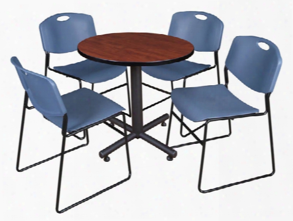 30" Round Breakroom Table- Cherry & 4 Zeng Stack Chairs By Regency Furniture