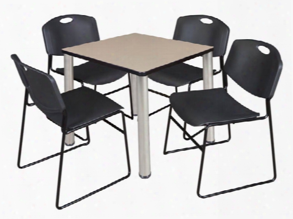 30" Square Breakroom Table- Beige/ Chrome & 4 Zeng Stack Chairs By Regency Furniture