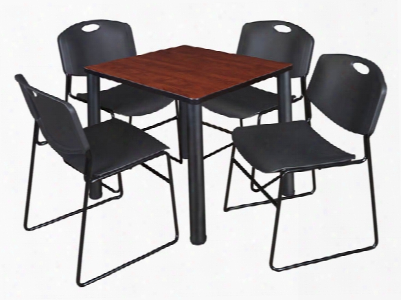 30" Square Breakroom Table- Cherry/ Black & 4 Zeng Stack Chairs By Regency Furniture