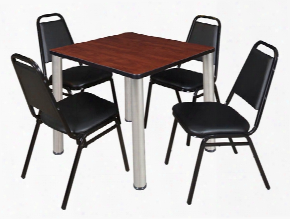 30" Square Breakroom Table- Cherry/ Chrome & 4 Restaurant Stack Chairs- Black By Regency Furniture