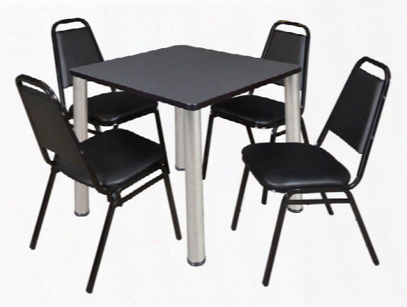 30" Square Breakroom Table- Gray/ Chrome & 4 Restaurant Stack Chairs- Black By Regency Furniture