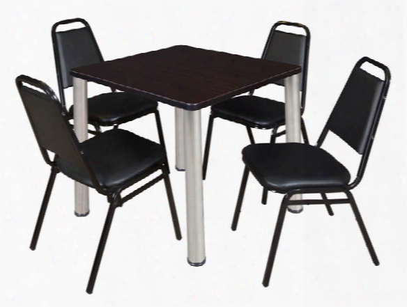 30" Square Breakroom Table- Mocha Walnut/ Chrome & 4 Restaurant Stack Chairs- Black By Regency Furniture