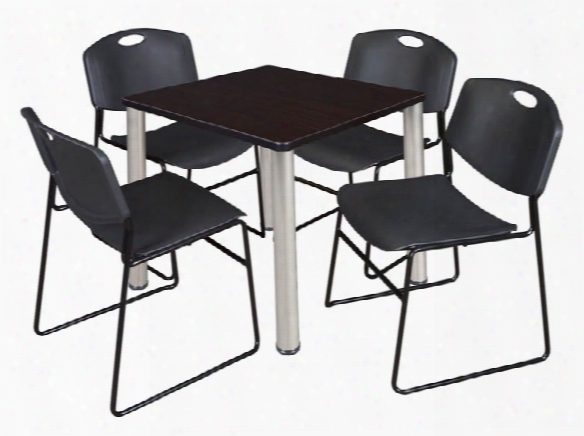 30" Square Breakroom Table- Mocha Walnut/ Chrome & 4 Zeng Stack Chairs By Regency Furniture