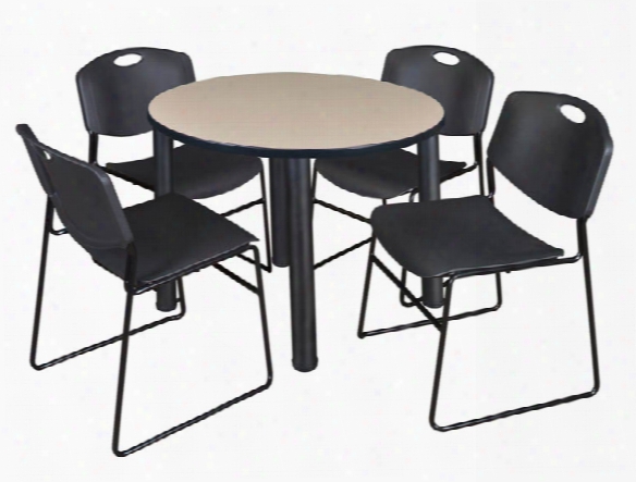 36" Round Breakroom Table- Beige/ Black & 4 Zeng Stack Chairs By Regency Furniture