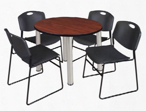 36" Round Breakroom Table- Cherry/ Chrome & 4 Zeng Stack Chairs By Regency Furniture