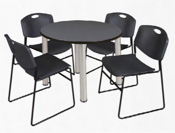 36" Round Breakroom Table- Gray/ Chrome & 4 Zeng Stack Chairs By Regency Furniture