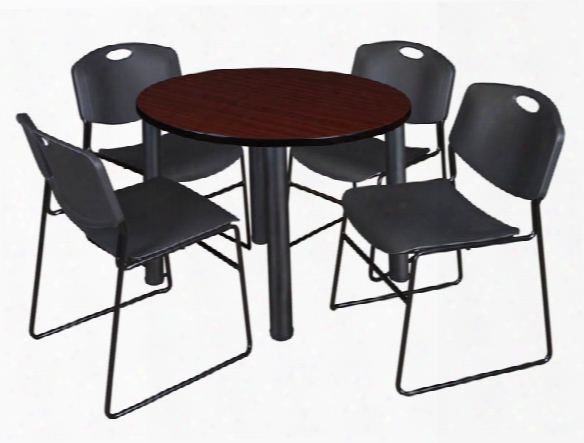 36" Round Breakroom Table- Mahogany/ Black & 4 Zeng Stack Chairs By Regency Furniture