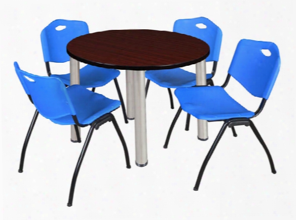 36" Round Breakroom Table- Mahogany/ Chrome & 4 'm' Stack Chairs By Regency Furniture