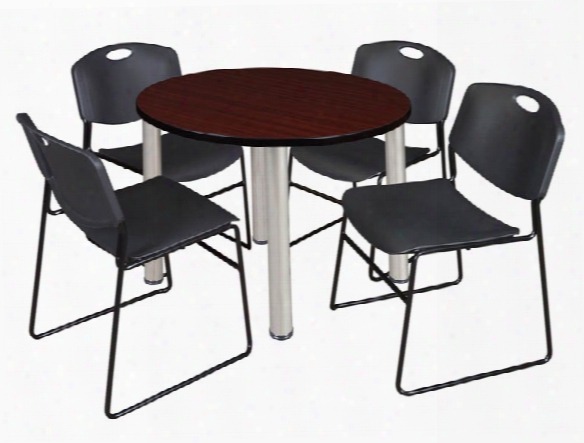 36" Round Breakroom Table- Mahogany/ Chrome & 4 Zeng Stack Chairs By Regency Furniture