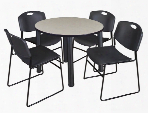 36" Round Breakroom Table- Maple/ Black & 4 Zeng Stack Chairs By Regency Furniture