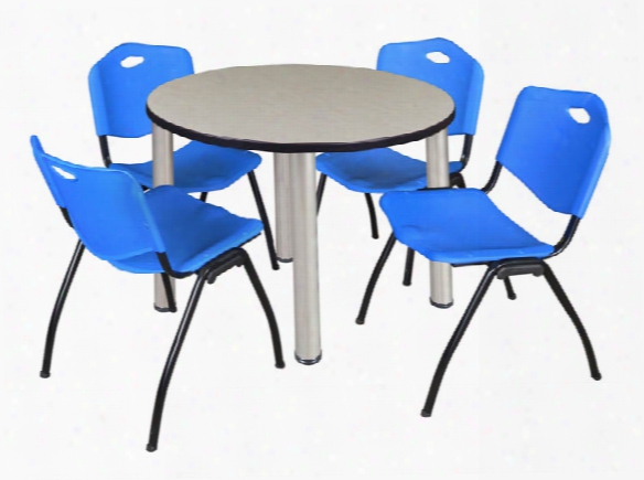 36" Round Breakroom Table- Maple/ Chrome & 4 'm' Stack Chairs By Regency Furniture