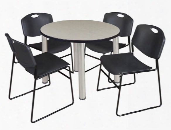 36" Round Breakroom Table- Maple/ Chrome & 4 Zeng Stack Chairs By Regency Furniture