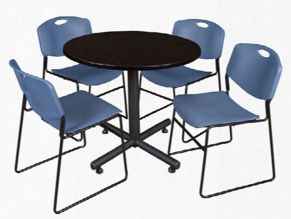 36" Round Breakroom Table- Mocha Walnut & 4 Zeng Stack Chairs By Regency Furniture